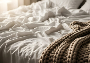 Unmade bed with cozy blanket sunlight morning routine
