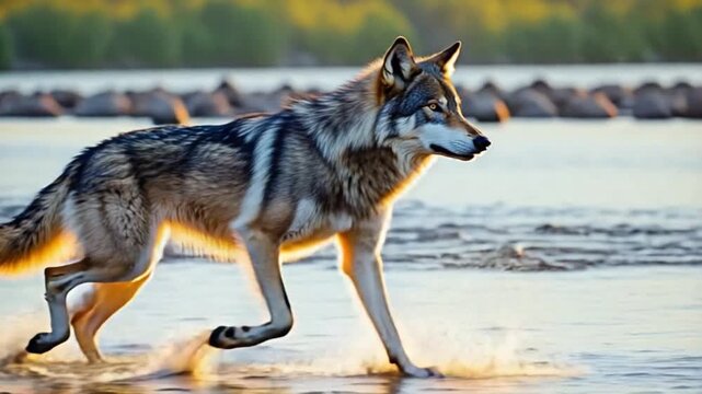 Wolf crossing shallow water with sunlight reflecting, creating a beautiful nature scene outdoors wolf video