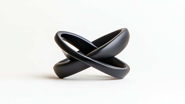 A smooth, matte black abstract sculpture with two interlocking curved shapes is displayed against a plain white background.