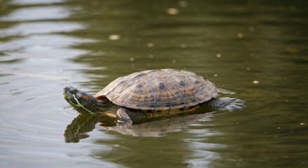 Obraz premium Turtle swims in calm water with mottled shell, sunlight reflecting