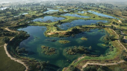 Naklejka premium Aerial View of Lush Wetlands with Emerald Water Bodies and Green Vegetation Under Clear Blue Sky in a Serene Landscape