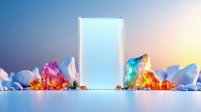 A rectangular glass object stands tall amidst a collection of colorful, faceted crystals and smooth, white stones, set against a soft blue to yellow gradient sk