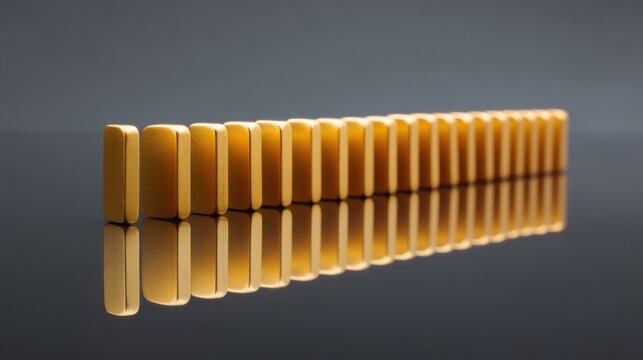 A Line of Yellow Dominos on Reflective Surface with Soft Lighting, Ideal for Concepts of Balance, Success, and Cause and Effect in Visual Media