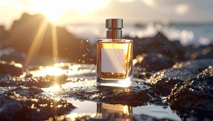 Elegant perfume bottle on a rocky shore, bathed in golden sunlight, evoking luxury and freshness
