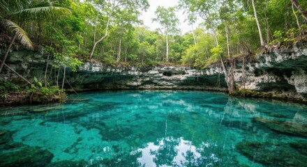 Naklejka premium Turquoise water pool in a jungle setting, framed by lush green trees