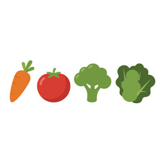 A set of flat design icons featuring a carrot, tomato, broccoli, and cabbage. Perfect for illustrating healthy eating, farming, vegetarian diets, and grocery store advertisements.	