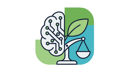 A modern and minimalist line art illustration depicting a brain connected to circuit board on one side and a tree on the other, balanced on a weighing scale. Represents harmony, balance, technology