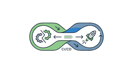 Illustrated continuous integration and continuous delivery workflow diagram showing the loop of process from source code to deployment with icons. Perfect for technology, software engineering