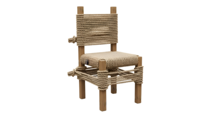 Handcrafted wooden chair with woven rope seat and backrest.