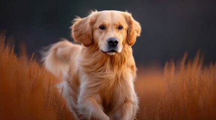 Playful golden retriever running through tall grass in a vibrant sunset field with warm orange hues, capturing a moment of joy and freedom in nature