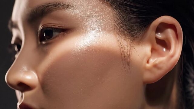 Close Up of a Young Woman's Face with Glitter Makeup and Dramatic Lighting Highlighting Skin Texture and Detail