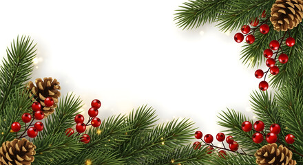 Christmas Pine Branch Border with Red Berries and Pine Cones on White Background