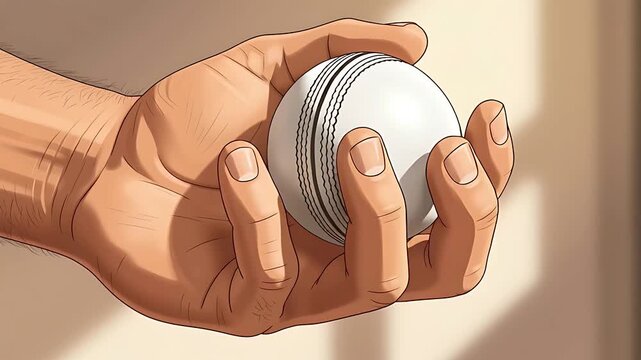 Hand holding a white cricket ball animated