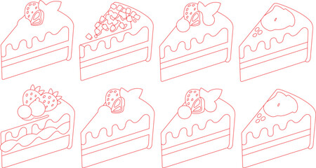 Fototapeta premium Outlined Cake Slices Strawberry Toppings, Crumble Topping, and Cream Topping Desserts, Red Outline