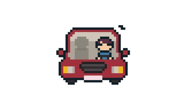 8-bit pixel art a drowsy driver in a red car. looped animation 4k 30fps