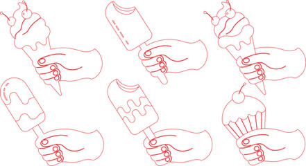 Outlined Hands Holding Ice Cream, Cupcake, and Popsicle on White Background Art