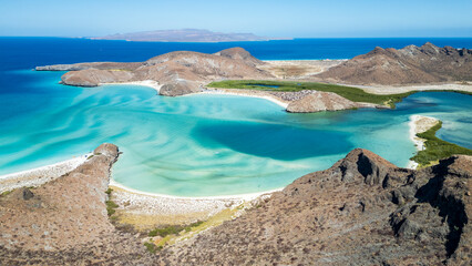 Fototapeta premium Aerial view of Balandra beach in La Paz, Baja California Sur, Mexico photo of panoramic landscape background 