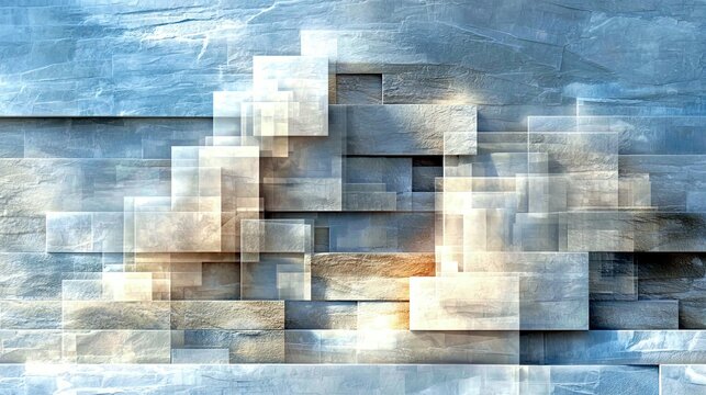 A textured background composed of overlapping rectangular stone blocks in shades of blue and beige, creating an abstract geometric pattern.