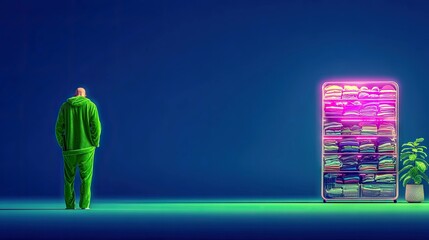 Fototapeta premium A bald man stands with his back to the viewer, wearing a green tracksuit, facing a shelf unit illuminated by pink neon lights, filled with folded clothes.