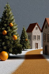a winter village scene with snow-covered ground and houses. The foreground shows a Christmas tree adorned with oranges and a textured path leading to the houses. Suitable for greeting cards, posters