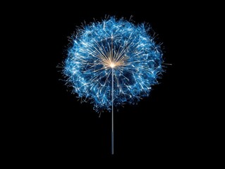 A blue sparkler glows brightly, resembling a dandelion seed head, against a solid black background.