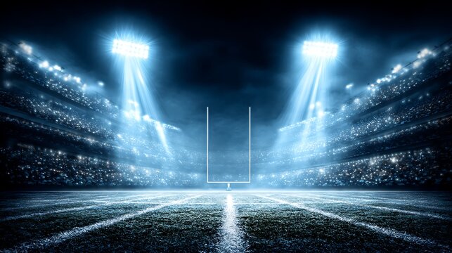 American Football Field Illuminated by Bright Stadium Lights with Dark Night Sky