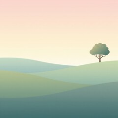 Minimalist Landscape with Rolling Hills and Solitary Tree in Pastel Colors