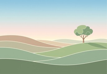 Abstract landscape illustration of rolling hills under a pastel sky with a solitary tree on the right horizon