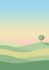 A Tranquil and Minimalist Vector Landscape Illustration Featuring Gently Rolling Green Hills and a Solitary Tree Against a Softly Blended Pastel Sky
