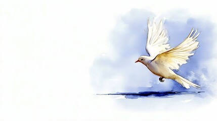 A white dove flies gracefully with its wings spread wide against a soft blue sky, evoking a sense of peace and liberation.