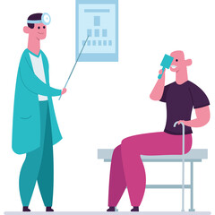 Optometrist Examines Patient Vision With Eye Chart Doctor In Teal Coat And Patient In Pink Pants Sitting With Cane Looking At Chart During Eye Test