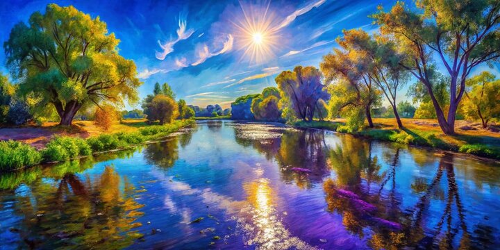 Impressionist Riverbank: Sun-Dappled Oil Sketch Drone View