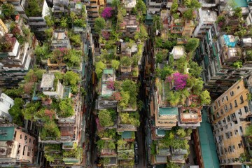 Fototapeta premium Aerial View of Urban Jungle with Buildings Covered in Lush Greenery and Vibrant Flowers in a Dense Cityscape
