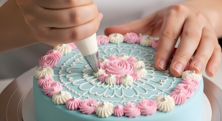 Slow circular decoration of a pastel cake using icing on a rotating stand