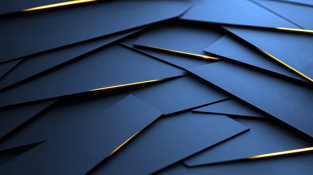 A close-up, abstract view of overlapping dark blue geometric shapes with thin, bright golden lines highlighting the edges.