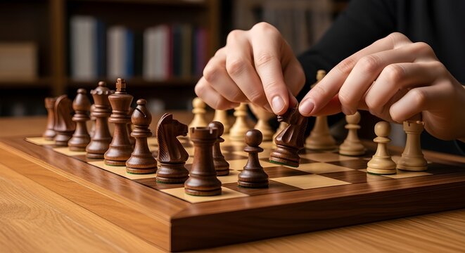 Close‑up of hands adjusting chess pieces during an intense tabletop match