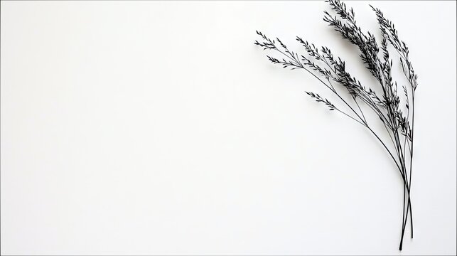 A minimalist arrangement of dried grass stalks with seed heads on a plain white background, evoking a sense of simplicity and nature.