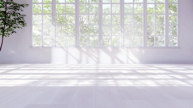 A bright, airy room with white walls and a white wooden floor, featuring a large window with many panes overlooking lush green trees, with sunlight casting dapp