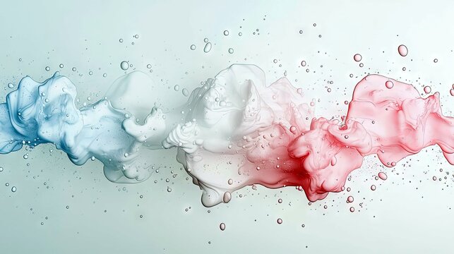 A dynamic abstract splash of blue, white, and red fluid creates a swirling, textured pattern with numerous small water droplets suspended around it.