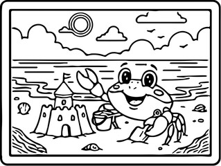 a smiling crab building a sandcastle on the beach.
