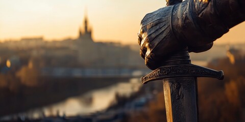 Monument hand holding sword protecting city at sunset in ukraine