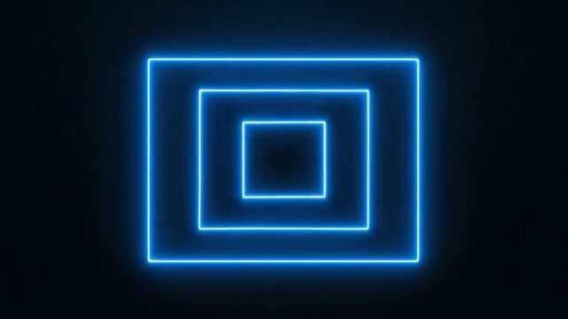 Glowing blue neon squares on a dark background, forming a layered, geometric pattern