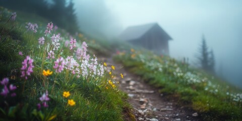 Foggy mountain path leading to a wooden cabin surrounded by colorful wildflowers in the ukrainian carpathians