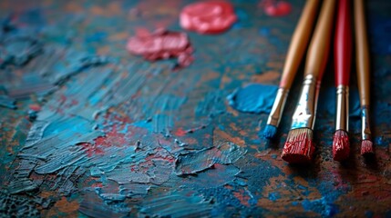 Fototapeta premium Close up of vibrant paints and brushes on a wooden table for artistic inspiration