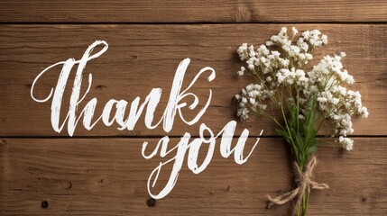 Elegant Thank You Message with White Flowers on Wooden Background