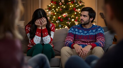 Young couple facing relationship problems and conflict during a Christmas holiday celebration with friends at home