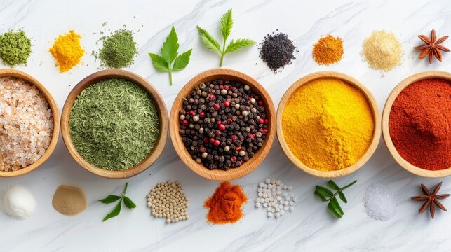 Colorful spices arranged in wooden bowls on a rustic background, top down food photography. - Powered by Adobe