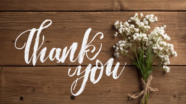 Elegant Thank You Message with White Flowers on Wooden Background