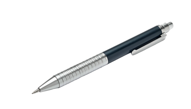 Sleek metallic ballpoint pen with blue accents on a black background
