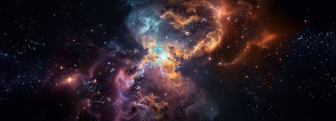 Fototapeta premium Celestial Tapestry: A mesmerizing view of the cosmos, with vibrant nebulae swirling with cosmic dust and celestial light, offering a glimpse into the depths of space.